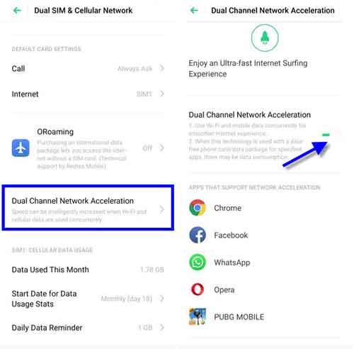 Enable dual channel network acceleration on realme phone