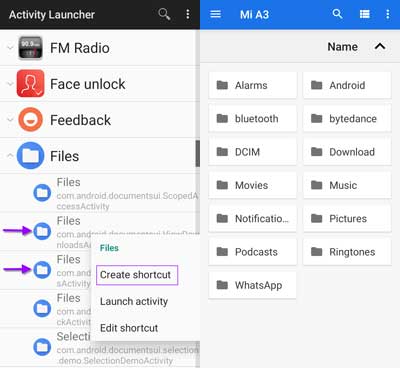 create shortcut for built-in file manager on Mi A3