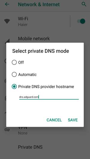 Block ads on android 9+ devices via Private DNS mode