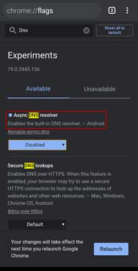 Disable Async DNS resolver in Chrome for Android