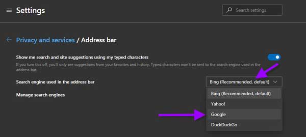 Change Bing to Google search in Edge for Windows