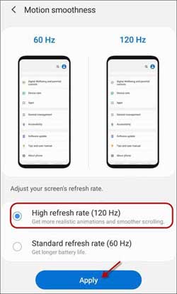 Switch between 60Hz and 120Hz in Galaxy S20