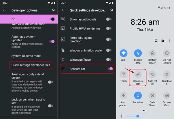 Steps to turn off sensors in Android 10