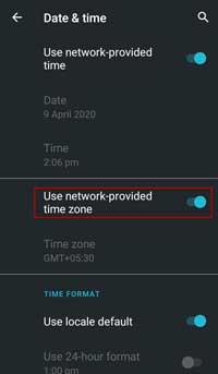 Change network time zone in android