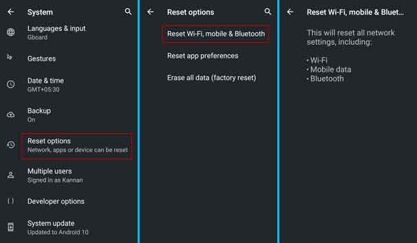 reset network settings in android