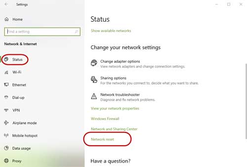 Reset network settings in Windows 10