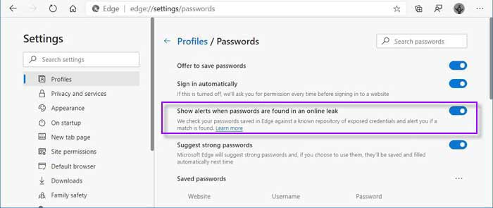 Enable password leak detection Edge