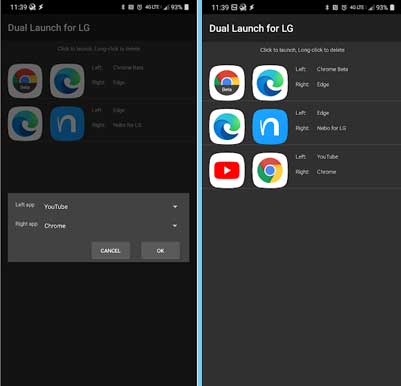 Create two apps combination to launch them together on LG Dual screen phones