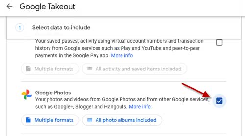 Choose Google Photos to export data