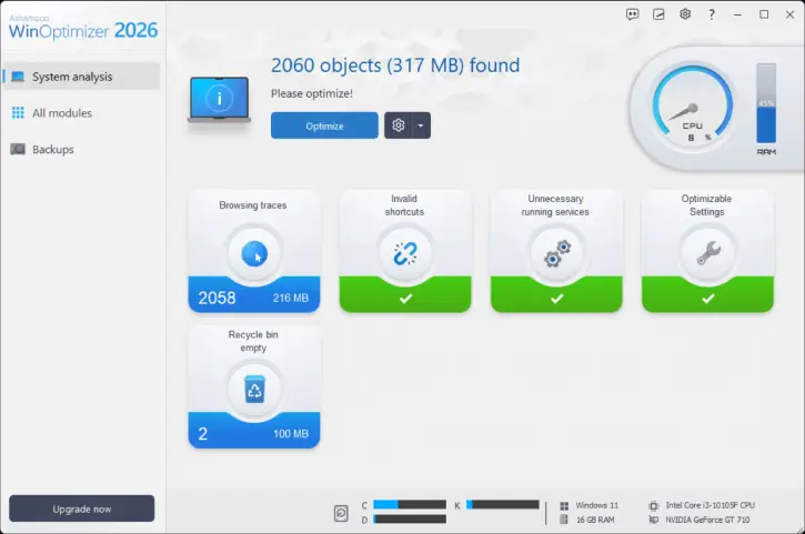Ashampoo WinOptimizer 2026 main UI
