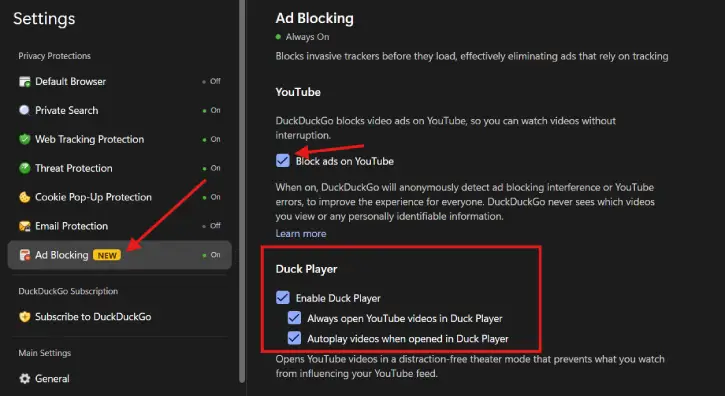 Watch YouTube videos without ads on Duck Player